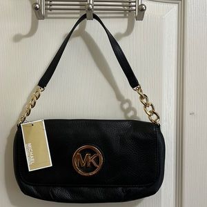 Michael Kors black leather small chain shoulder flap handbag